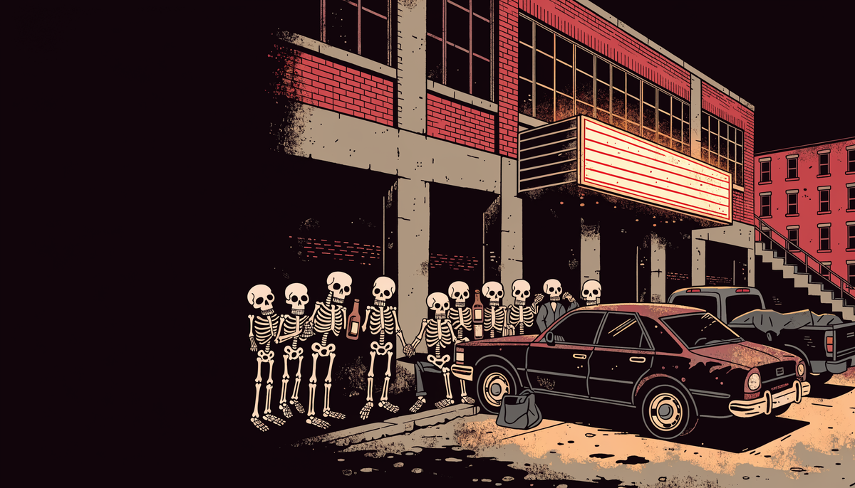 Illustration of skeletons hanging out in the parking lot outside Tremont Music Hall after a show
