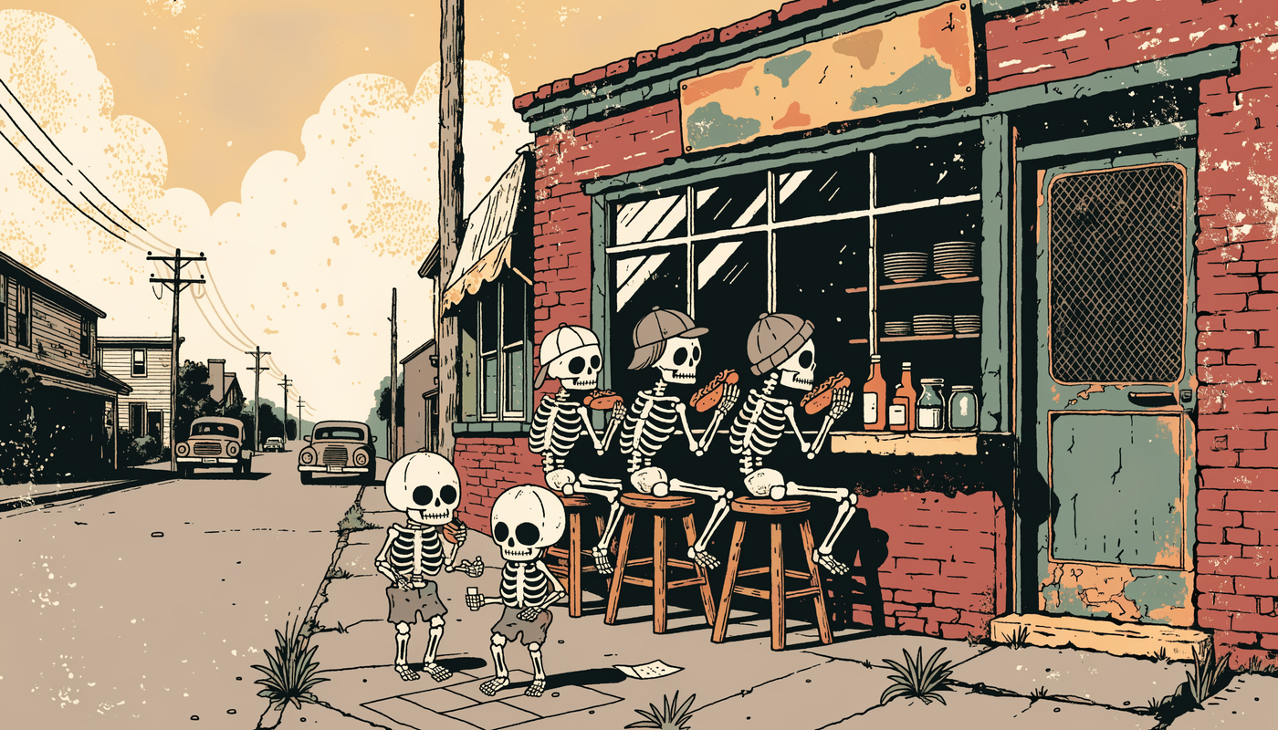 Illustration of skeleton regulars eating hot dogs at the window of Green's Lunch while kid skeletons play out front