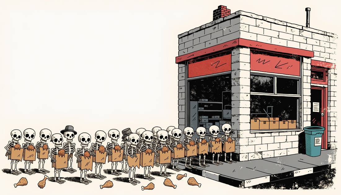 Illustration of skeletons lined up outside Price's Chicken Coop holding boxes of fried chicken