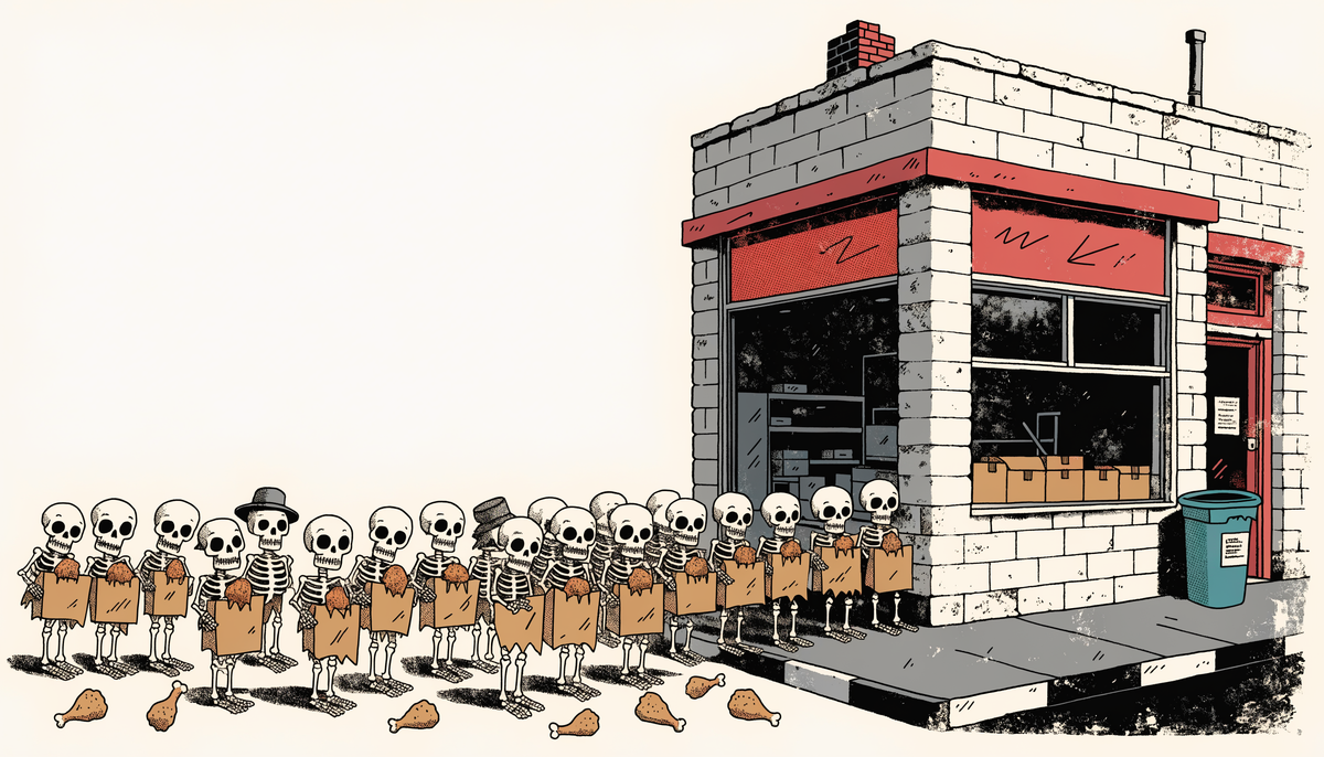 Illustration of skeletons lined up outside Price's Chicken Coop holding boxes of fried chicken
