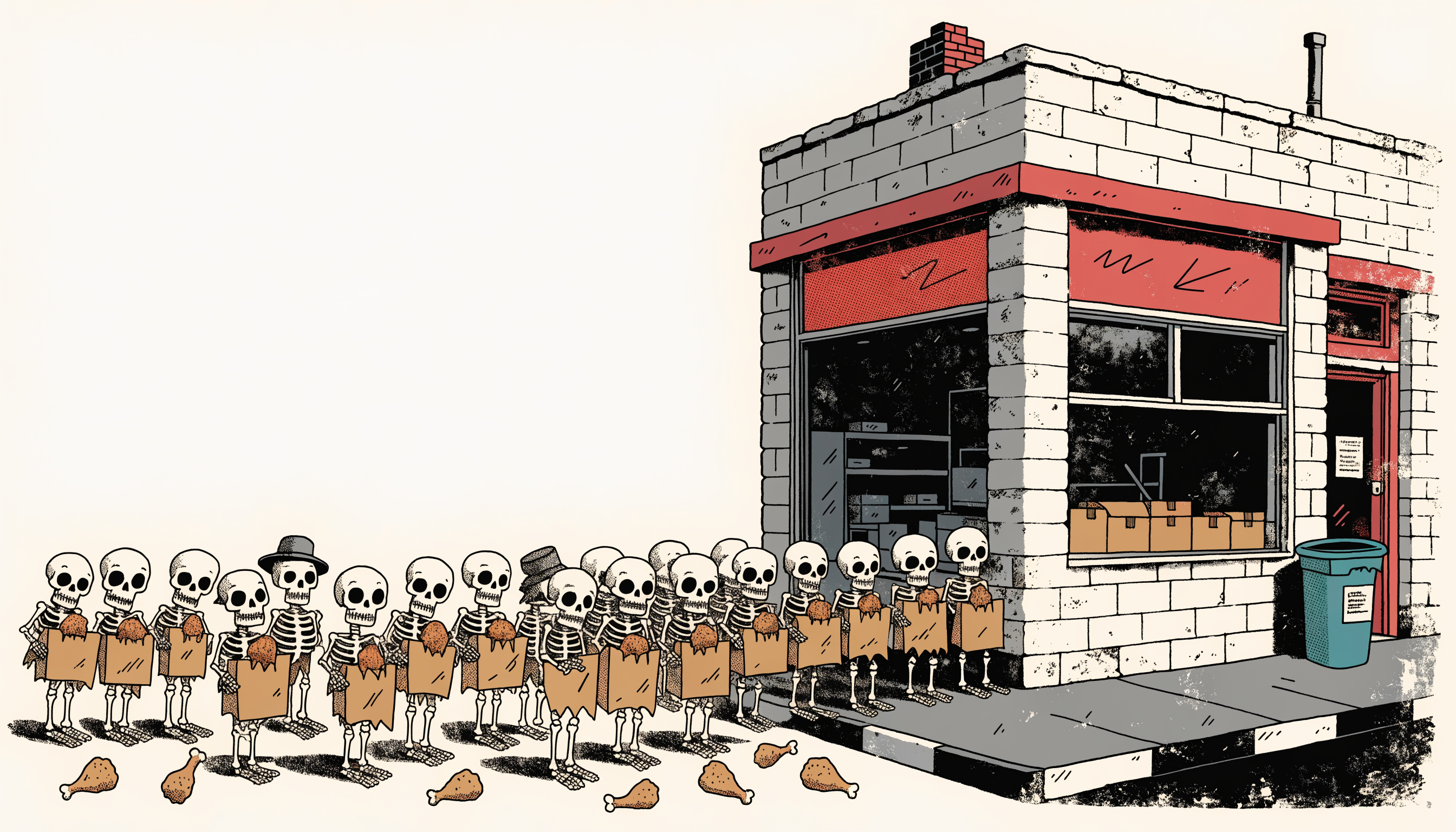 Illustration of skeletons lined up outside Price's Chicken Coop holding boxes of fried chicken