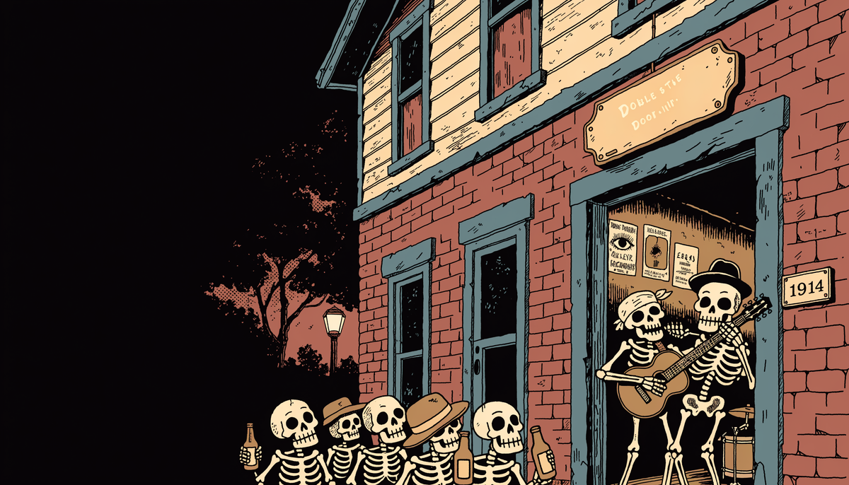 Illustration of skeletons playing the blues inside the Double Door Inn, a little house club at night