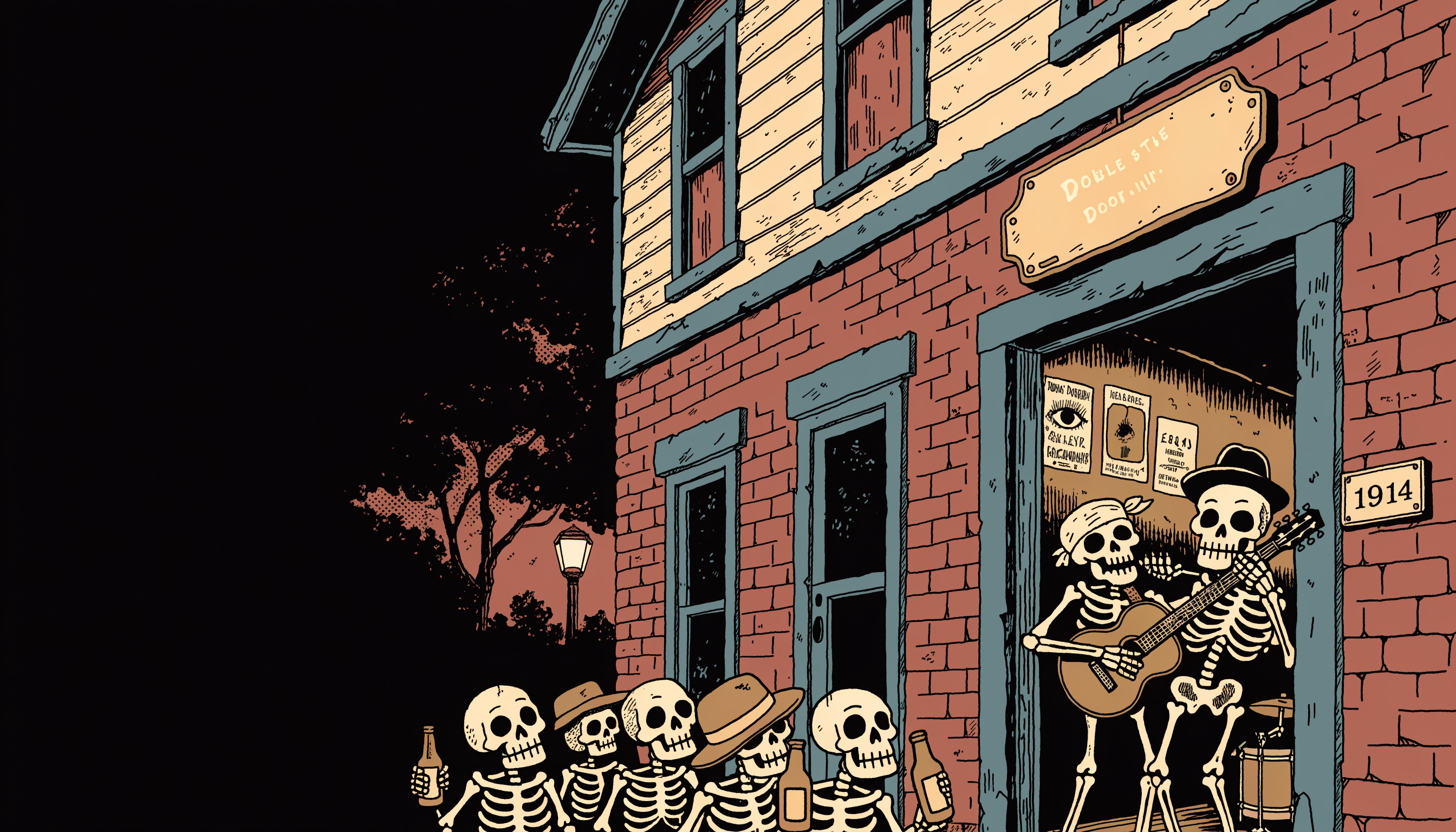 Illustration of skeletons playing the blues inside the Double Door Inn, a little house club at night