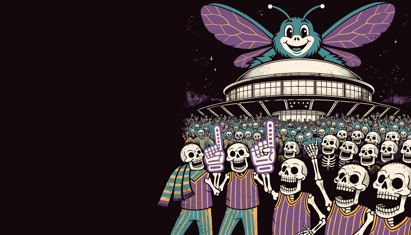 Illustration of skeleton fans in teal pinstripes outside the Charlotte Coliseum, The Hive
