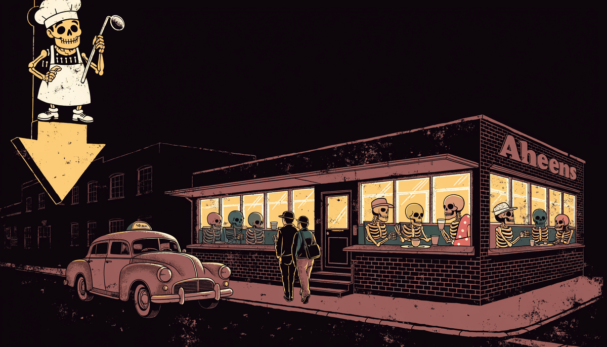 Illustration of skeletons eating late-night at Athens Restaurant under the blinking neon chef sign