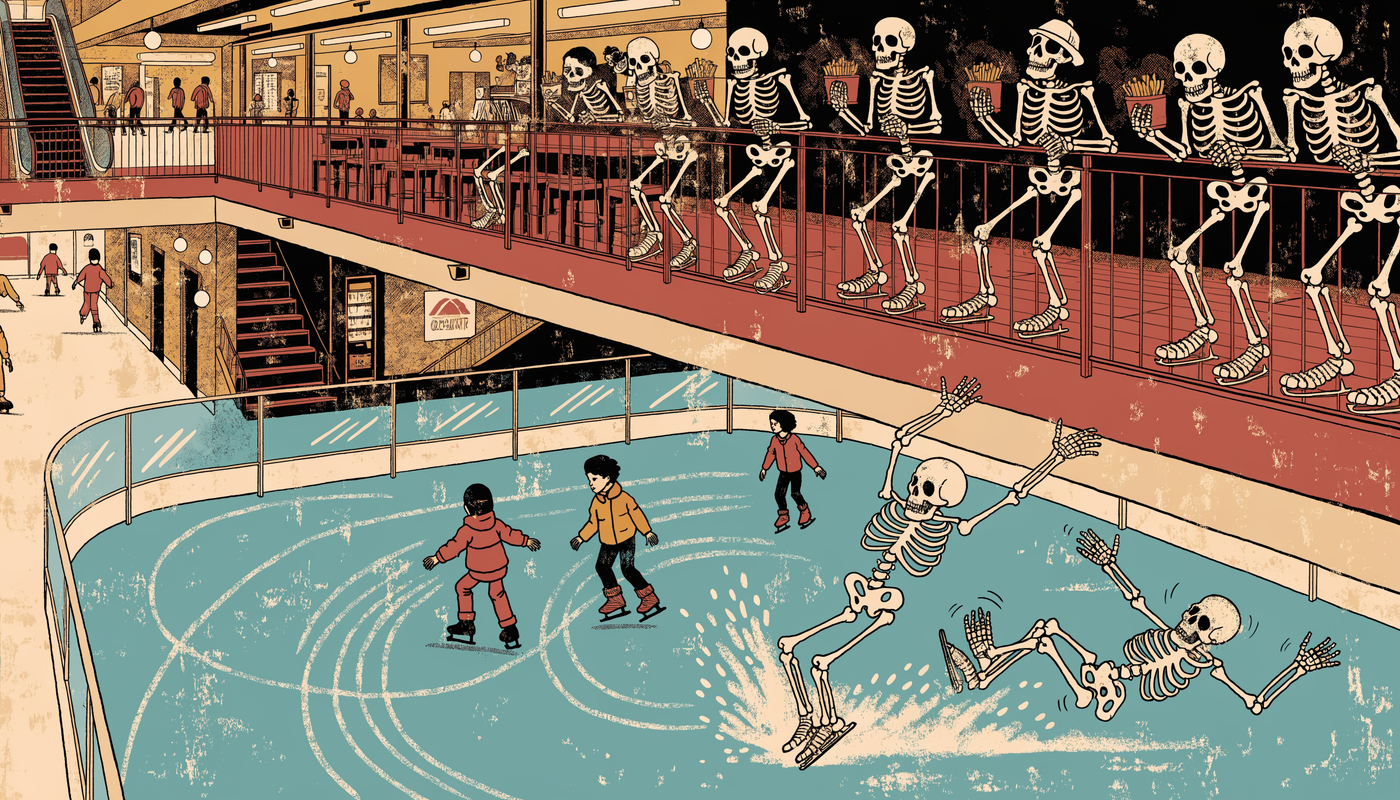 Illustration of skeletons skating on the indoor ice rink inside Eastland Mall while others watch from the food court above