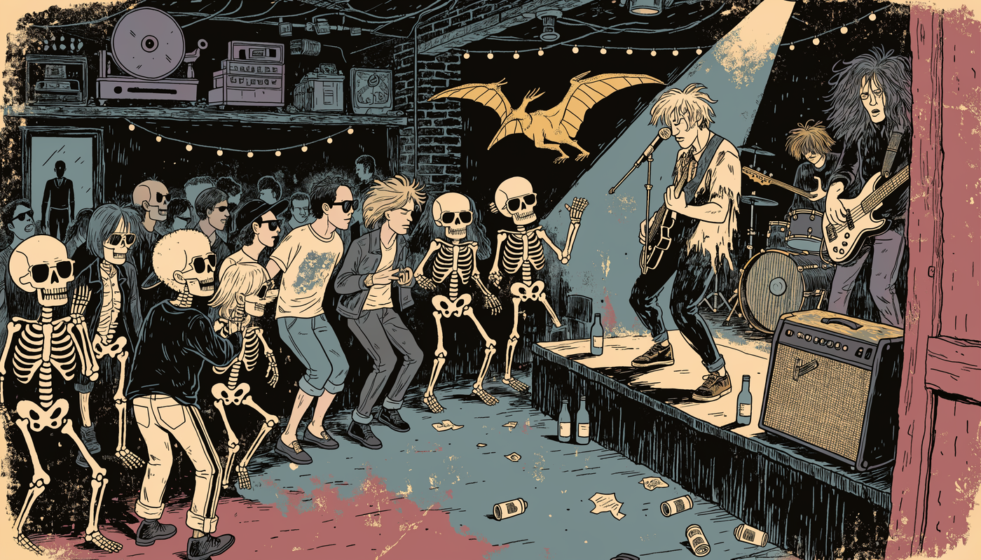 Illustration of skeleton punks dancing at the Pterodactyl Club with a band on stage