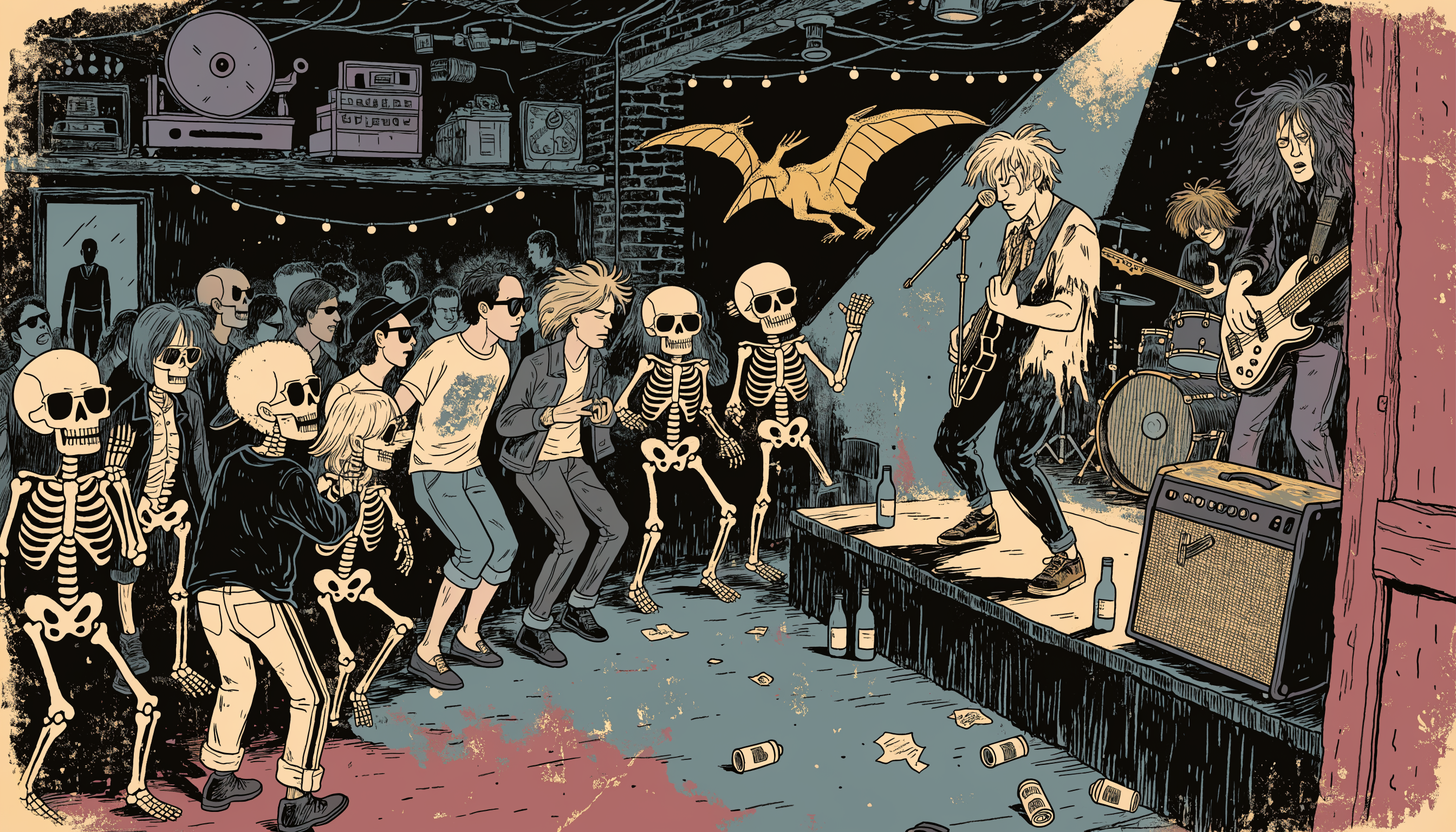 Illustration of skeleton punks dancing at the Pterodactyl Club with a band on stage