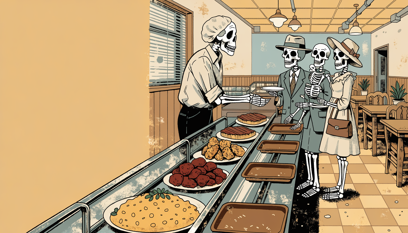 Illustration of skeletons sliding trays down the line at the Barclay Cafeteria