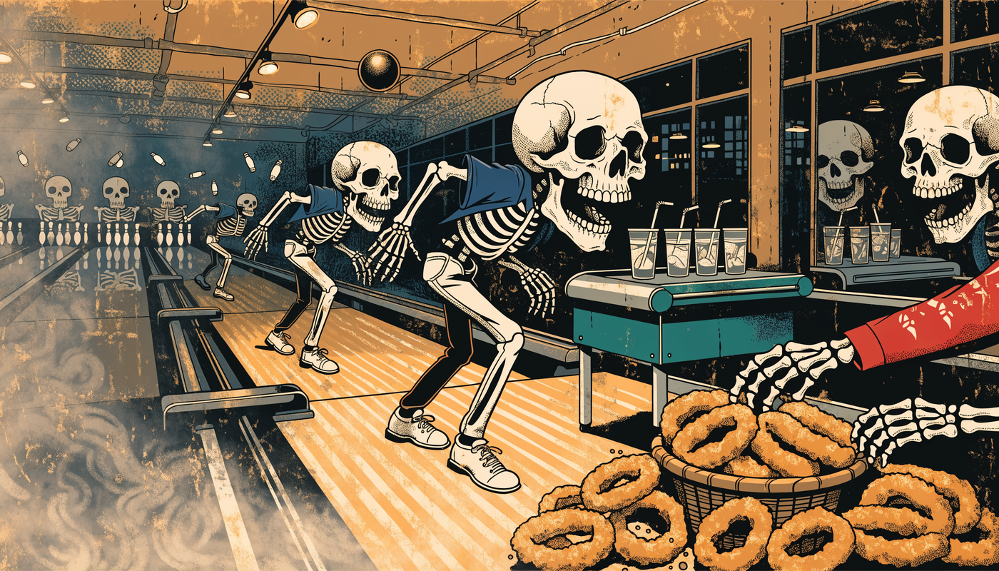 Illustration of skeleton bowlers at Park Lanes with a basket of onion rings at the snack bar