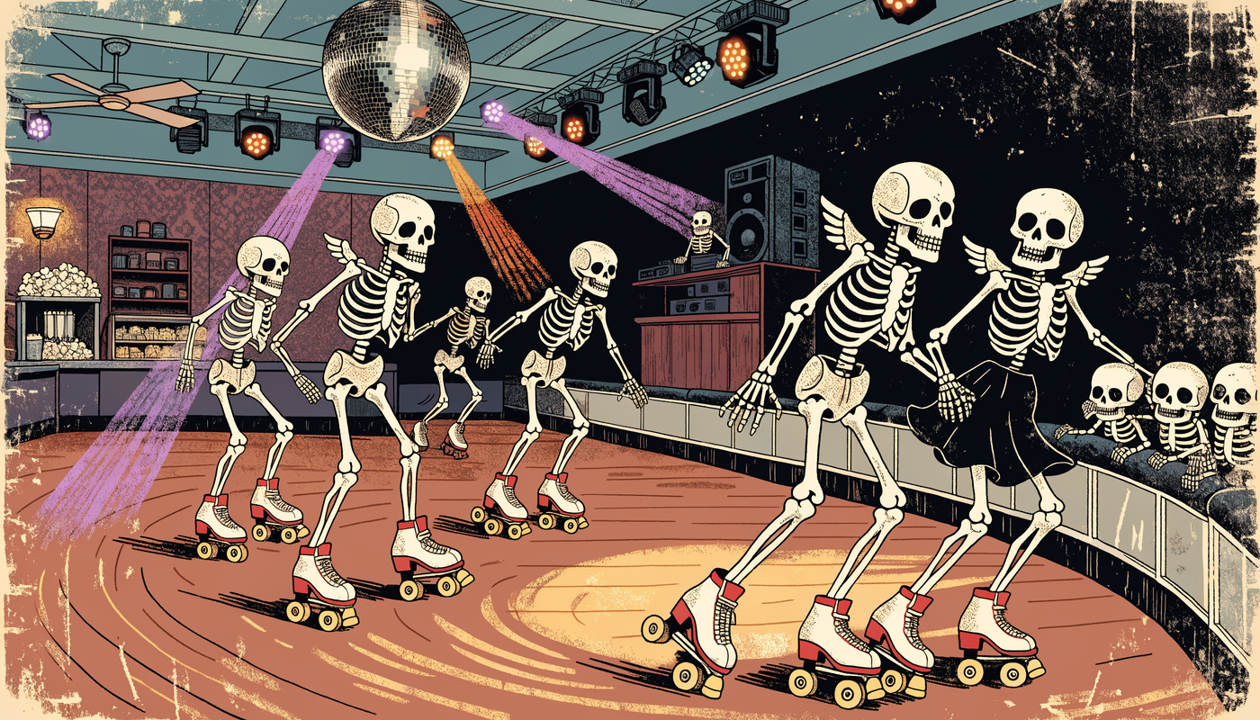 Illustration of skeletons roller skating at Roll-A-Round under disco lights