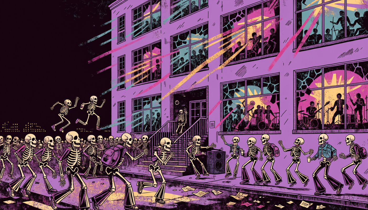 Illustration of skeletons dancing outside the three-story purple Plum Crazy club at night