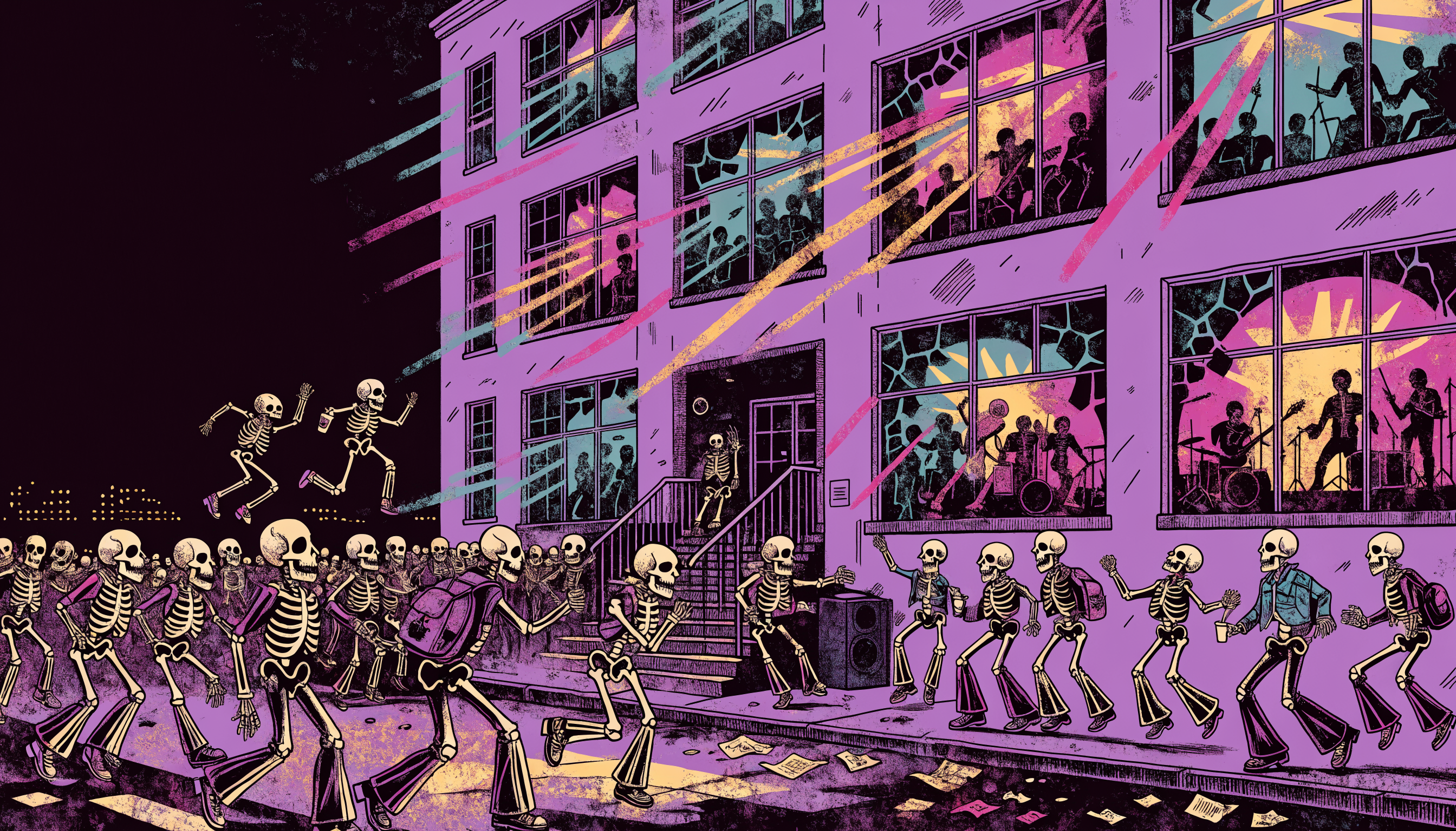 Illustration of skeletons dancing outside the three-story purple Plum Crazy club at night