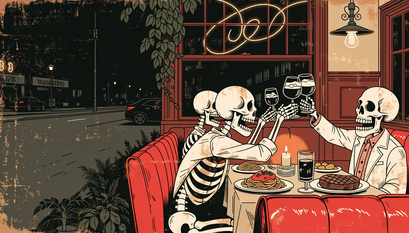 Illustration of dressed-up skeletons dining in a red booth at Valentino's under a neon sign