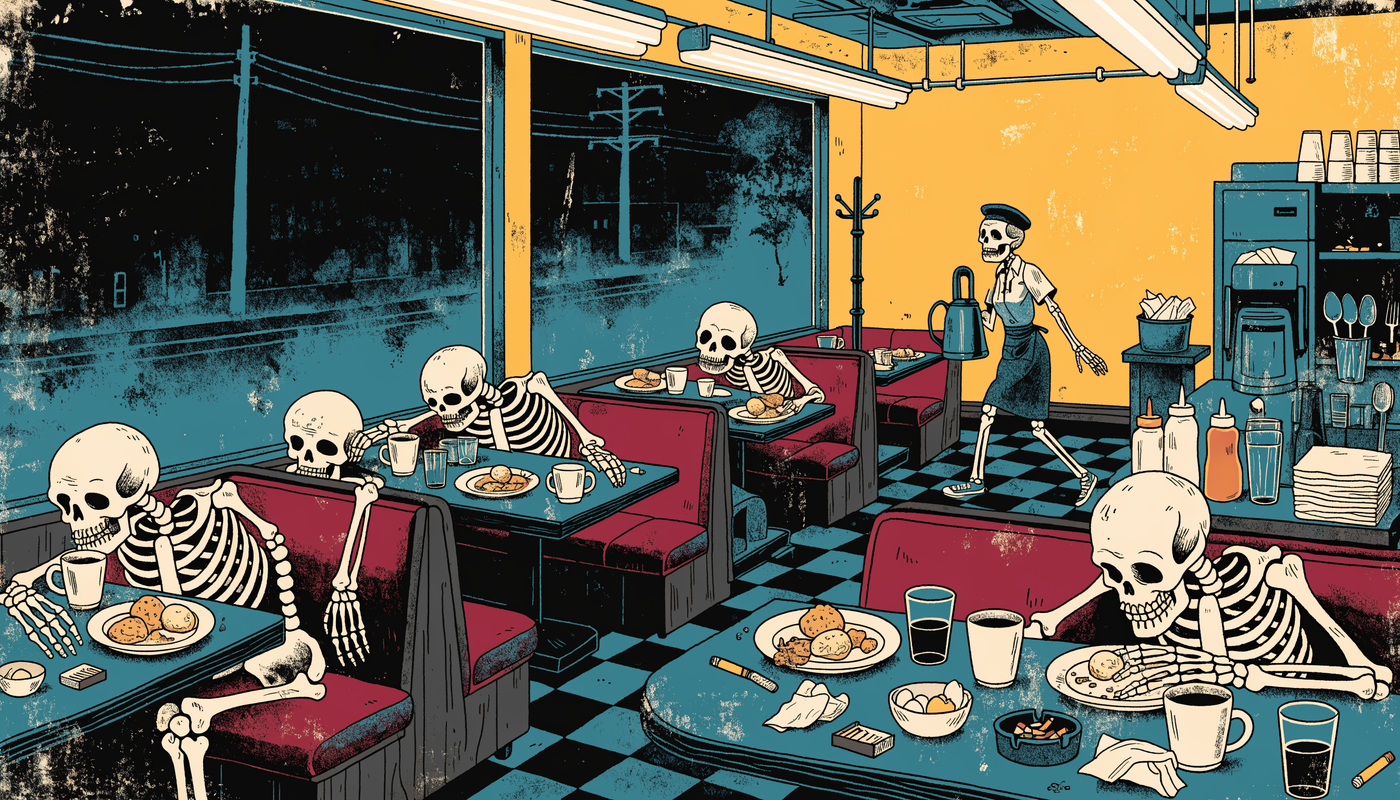 Illustration of after-bars skeletons eating at the Knife and Fork diner at 2am
