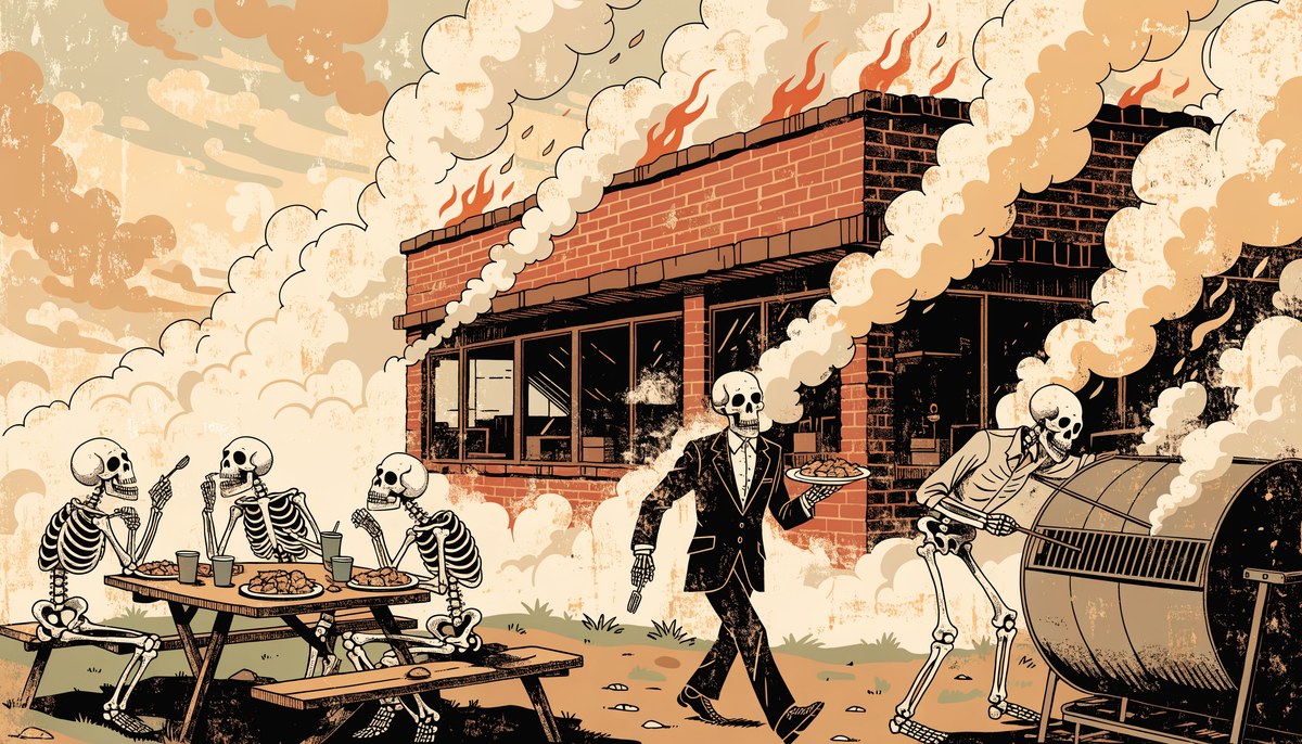 Illustration of skeletons eating barbecue outside a smoky Carolina Country Barbecue joint with flames on the roof