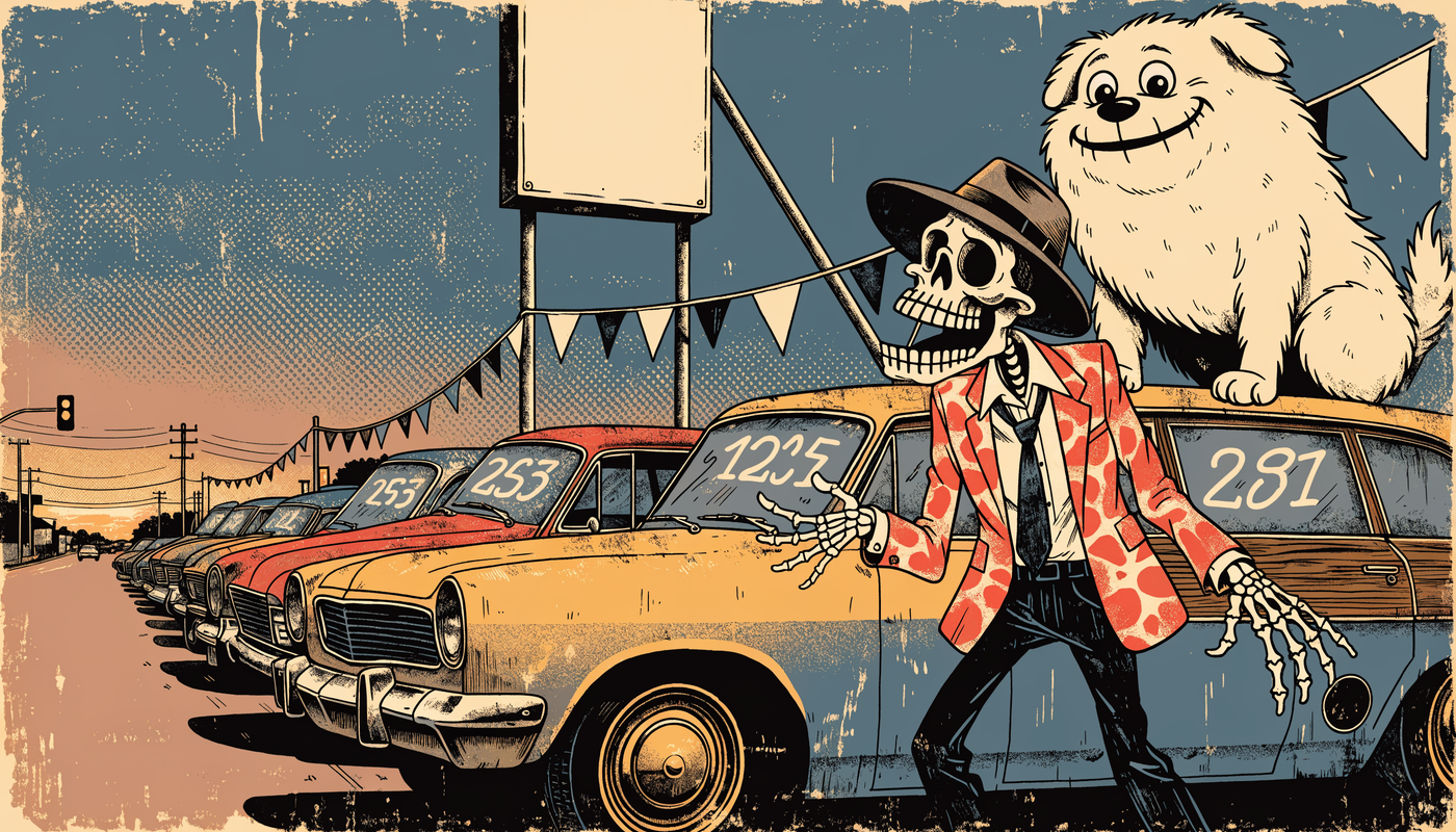 Illustration of a used car lot with a white dog on a car roof and a skeleton salesman