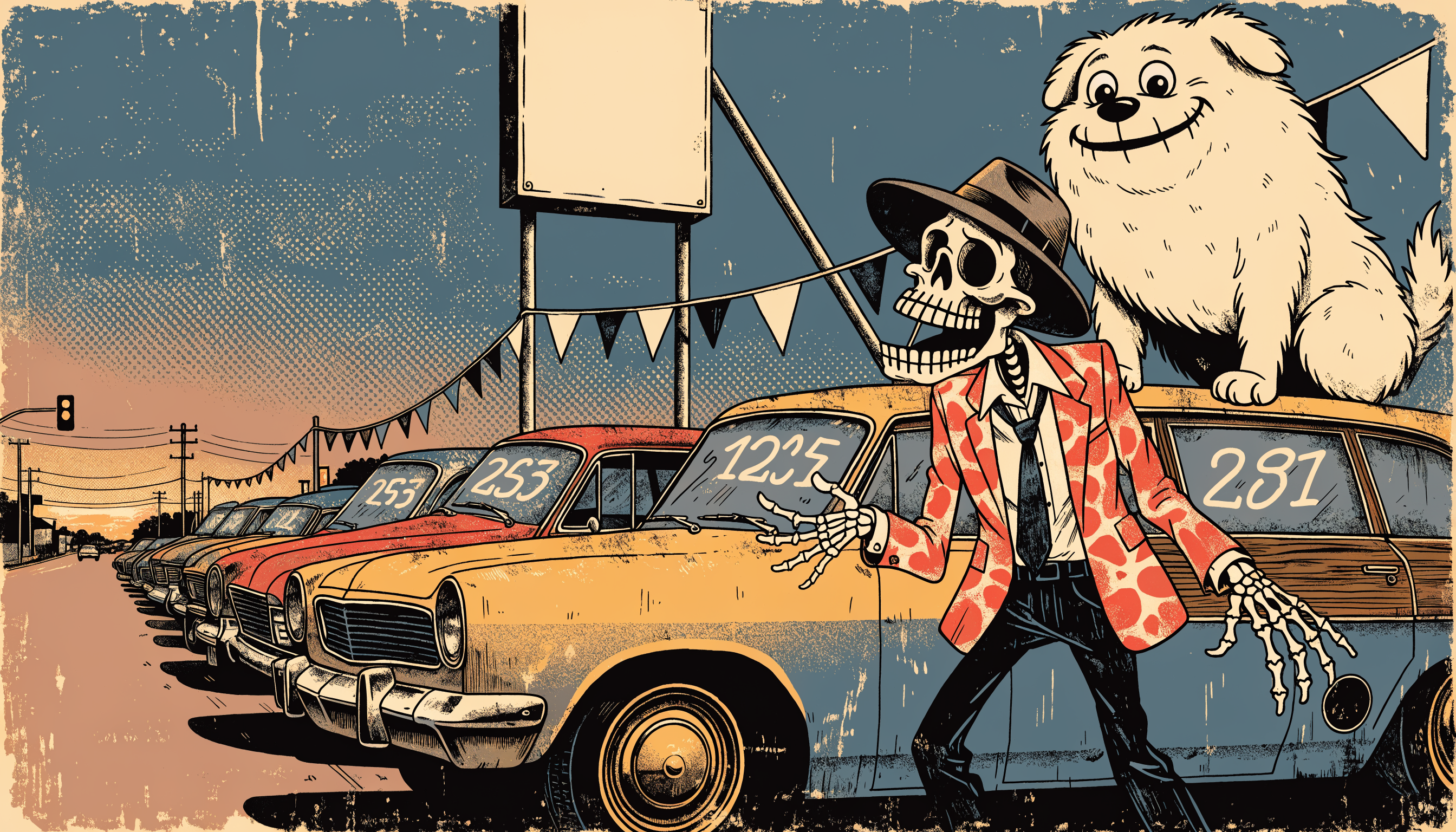 Illustration of a used car lot with a white dog on a car roof and a skeleton salesman